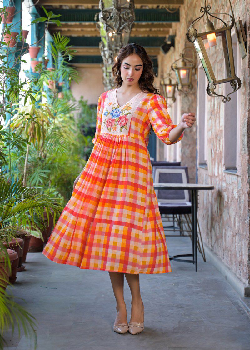 The Citrus Sunset Gingham Floral Cotton Dress