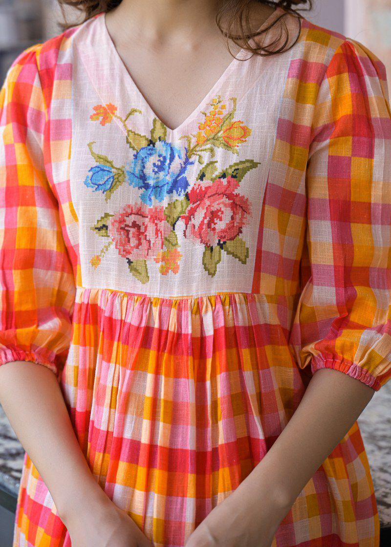 The Citrus Sunset Gingham Floral Cotton Dress