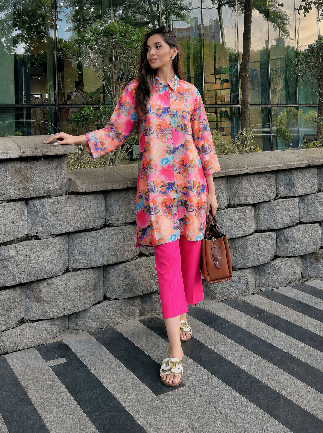 Bright Pink Printed Muslin Silk Co-ord Set