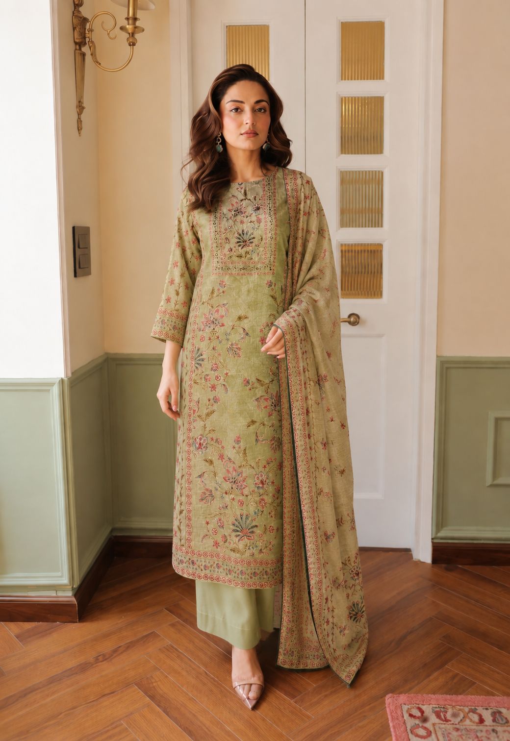 Sage Green Printed Linen Pant Set
