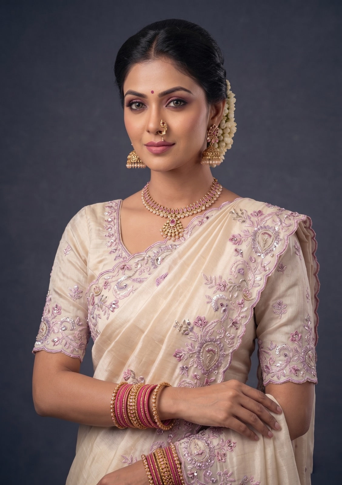 Gilded Ivory Embellished Tissue Silk Saree