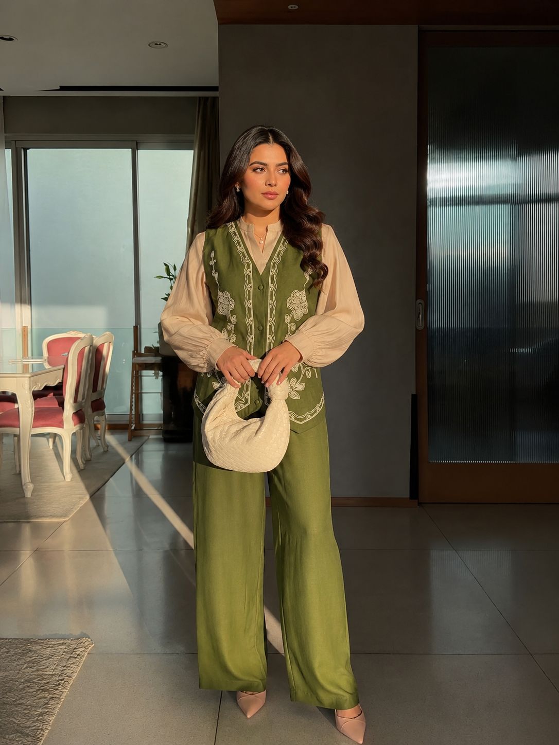 Olive Fusion Embroidered Cotton Co-Ord Set