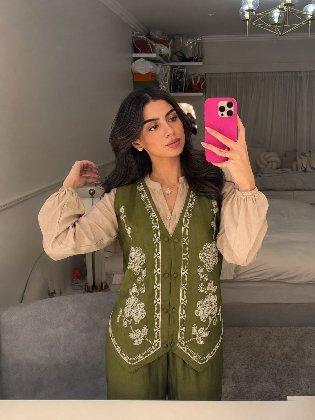 Olive Fusion Embroidered Cotton Co-Ord Set