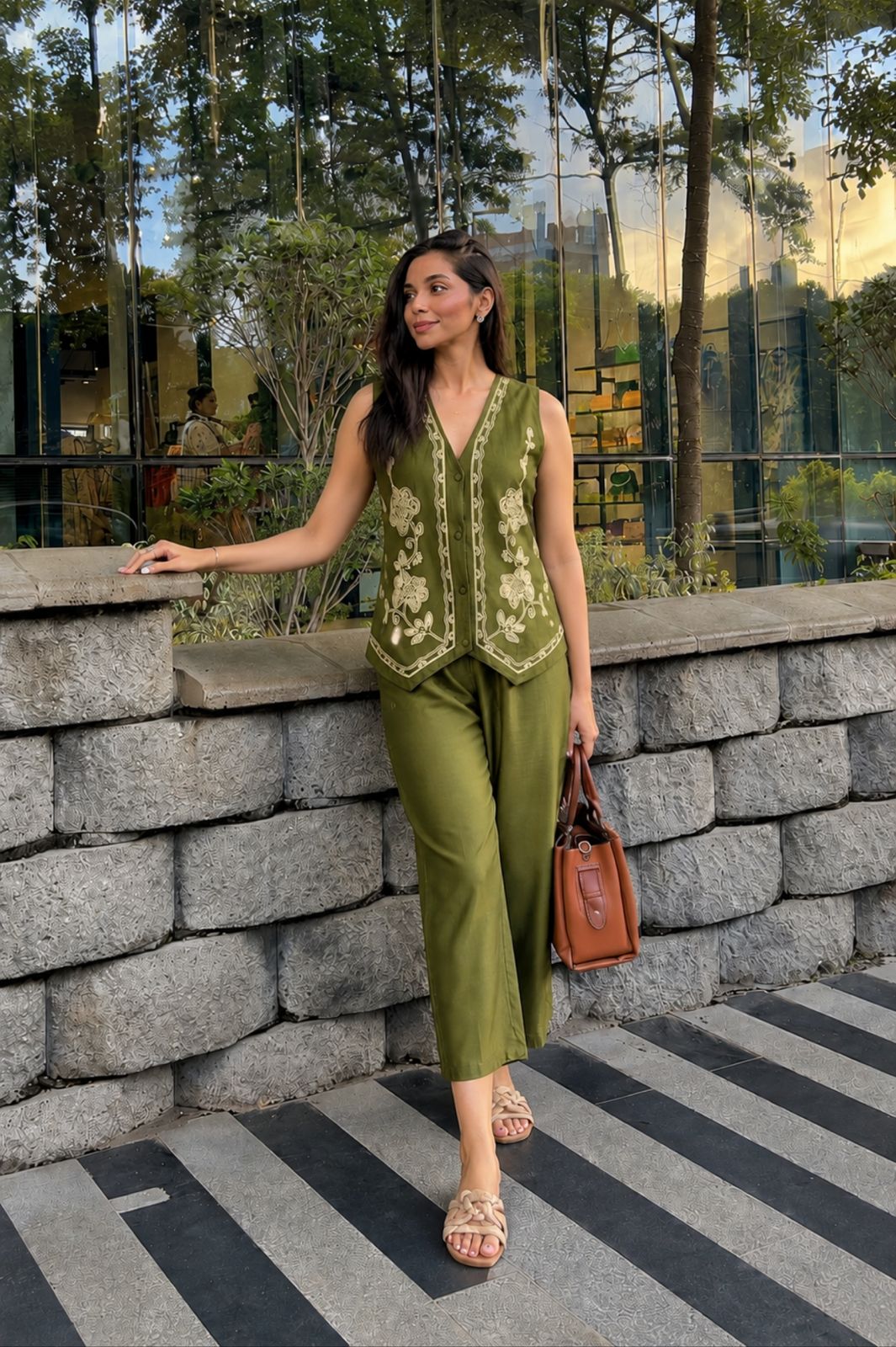 Olive Fusion Embroidered Cotton Co-Ord Set