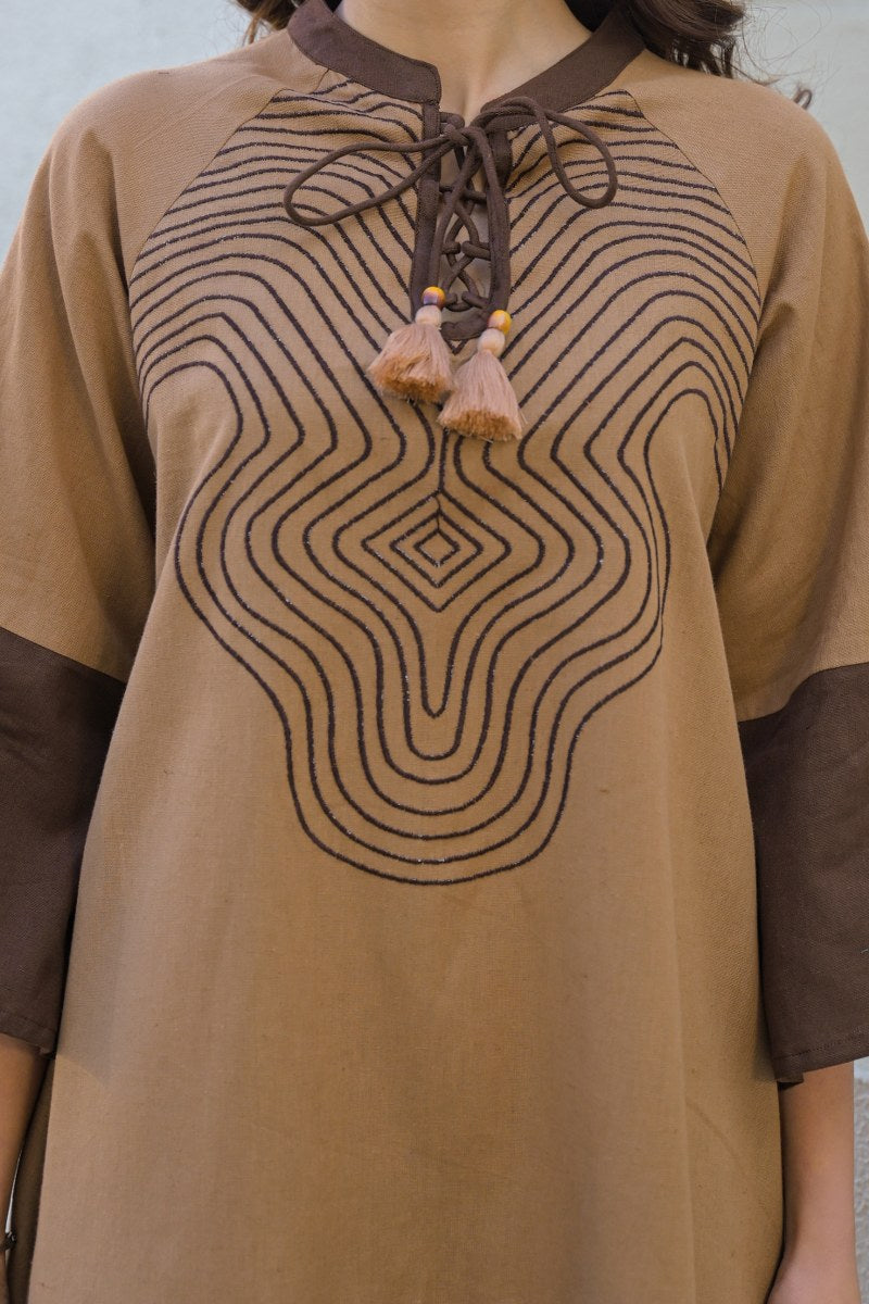 Camel Ripple Embroidered Cotton-Linen Dress