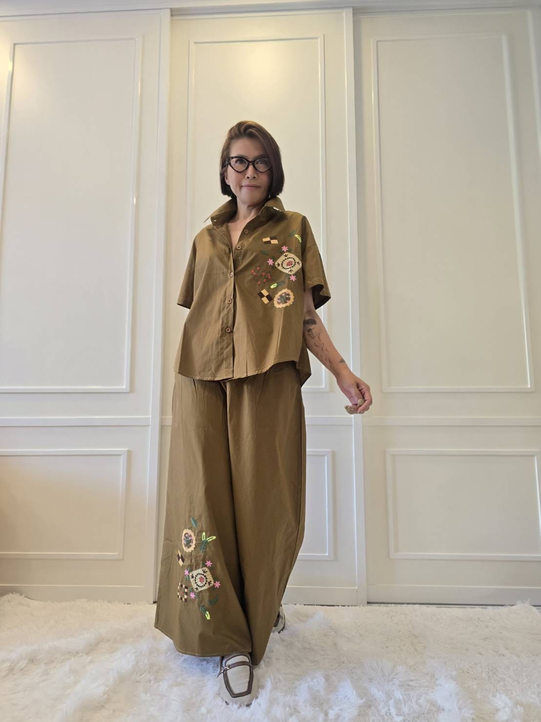Olive Bronze Abstract Embroidered Cotton Co-ord Set