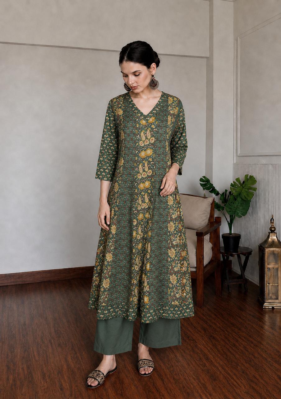 Olive Heritage Printed Cotton Anarkali Set