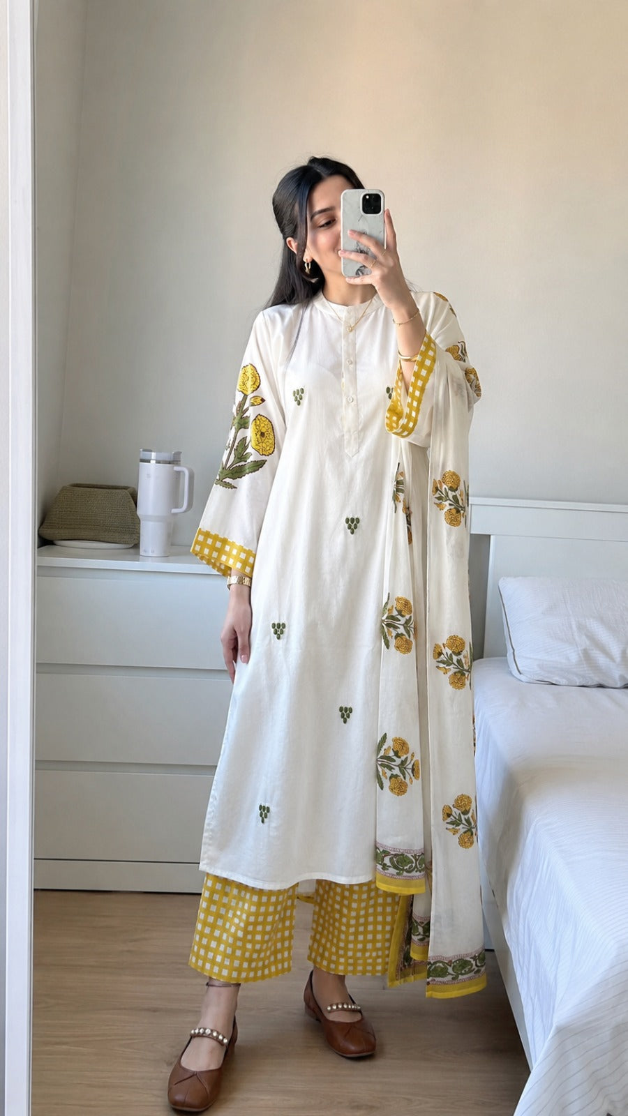 Mustard Blossom Printed Mul-Cotton Kurta Set