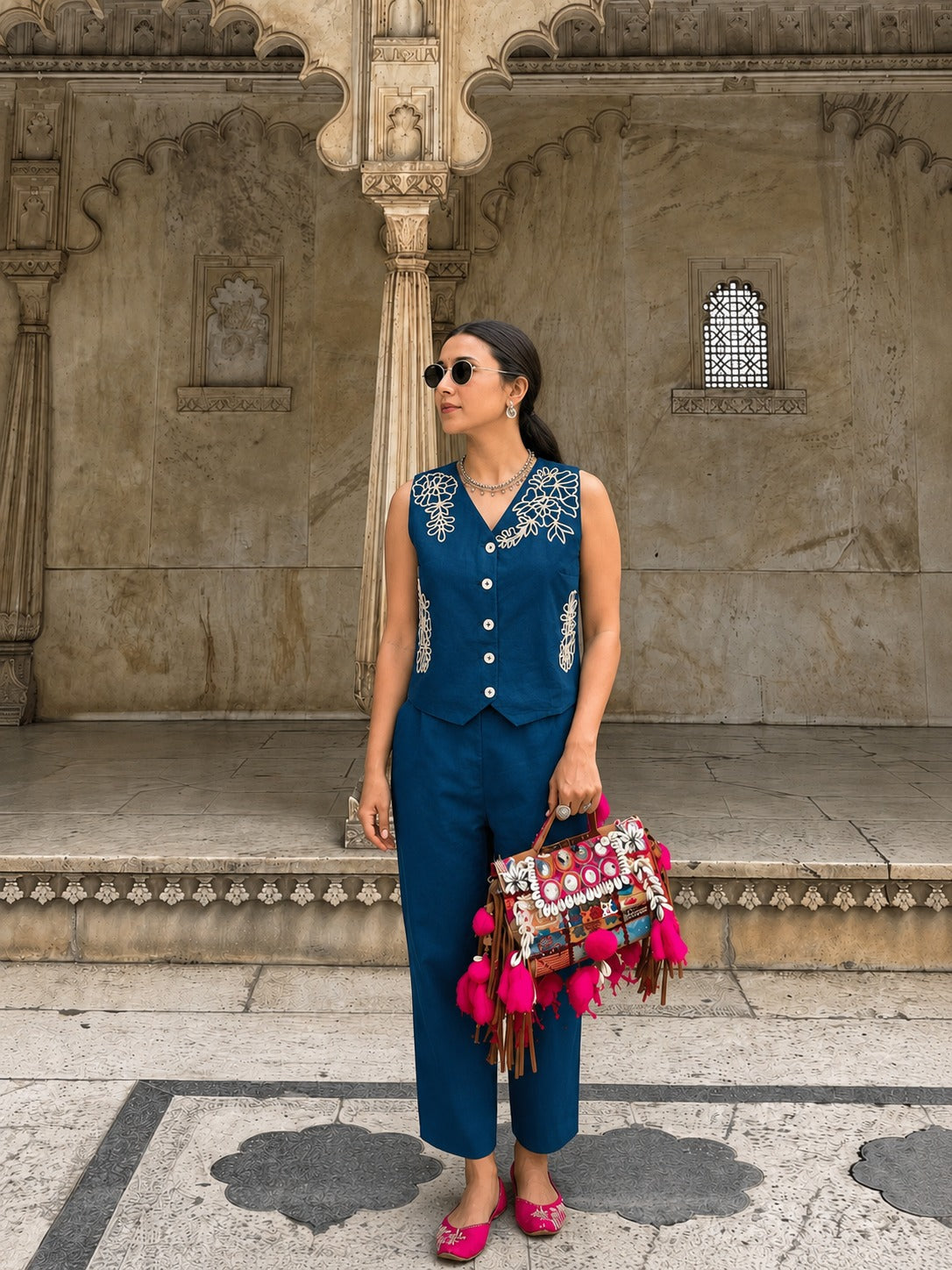 Teal Dori Embroidered Cotton Co-Ord Set
