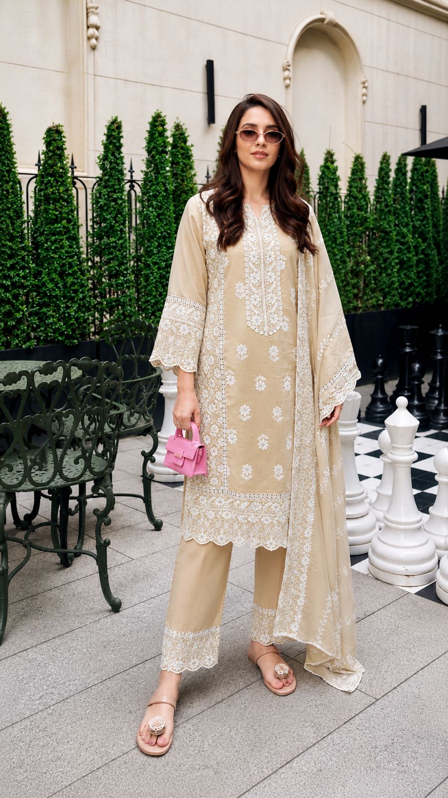 Beige Peony Embroidered Mul-Cotton Pant Set