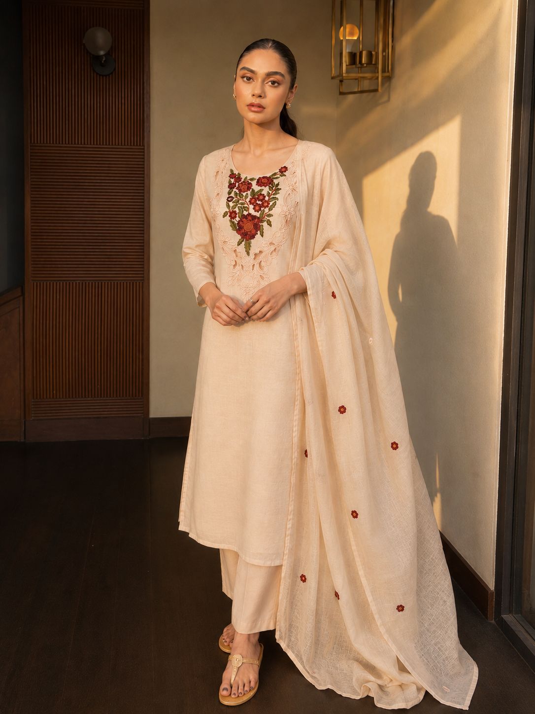 Ivory Rose Embroidered Mul-Cotton Pant Set