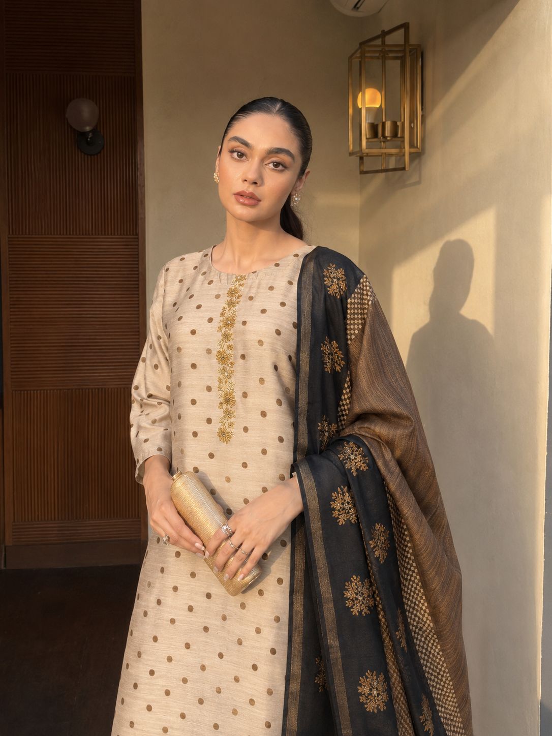Gilded Polka Printed Mul-Chanderi Pant Set