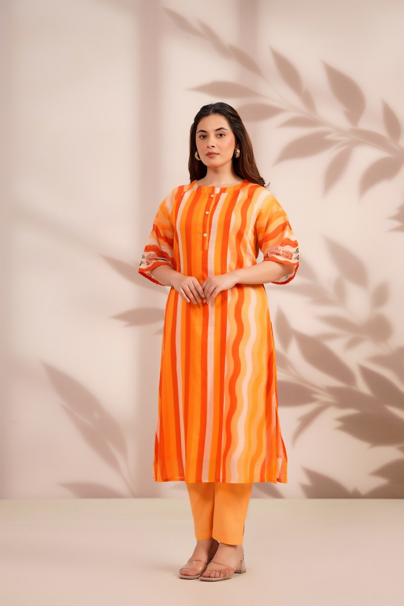 Citrus Stripe Printed Cotton Kurta Set