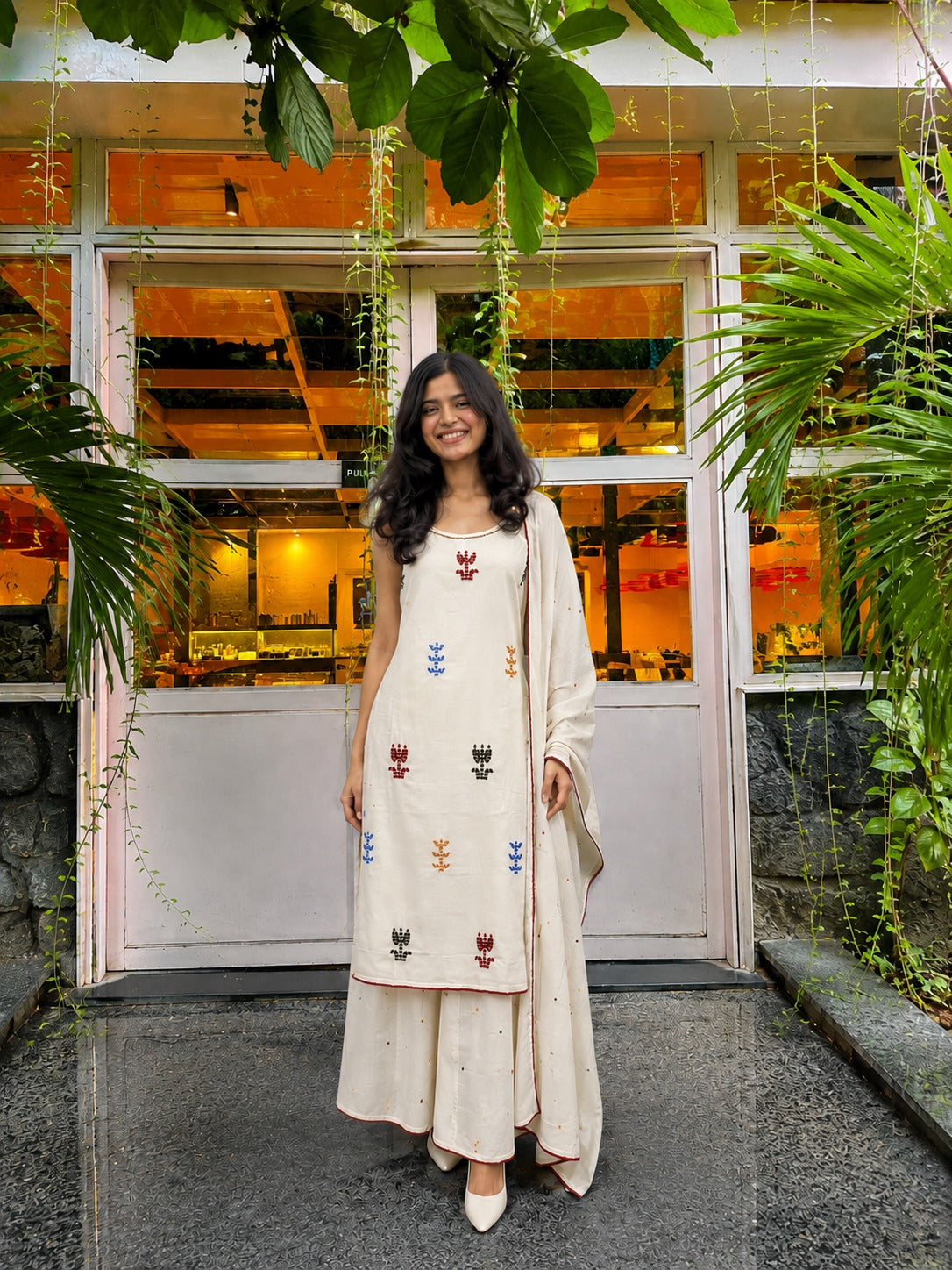 Pop Glam Embroidered Mul-Cotton Palazzo Set
