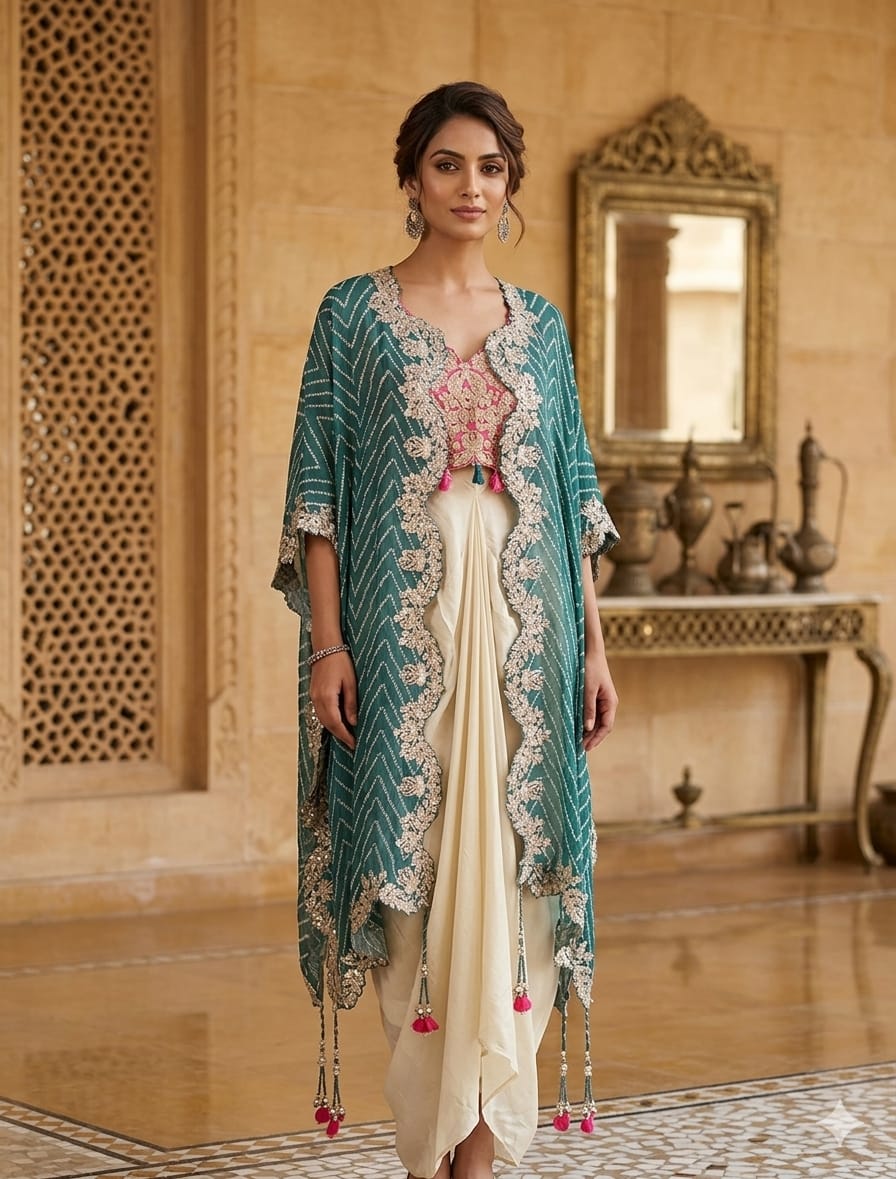 Teal Azure Embellished Crepe Silk Skirt Set