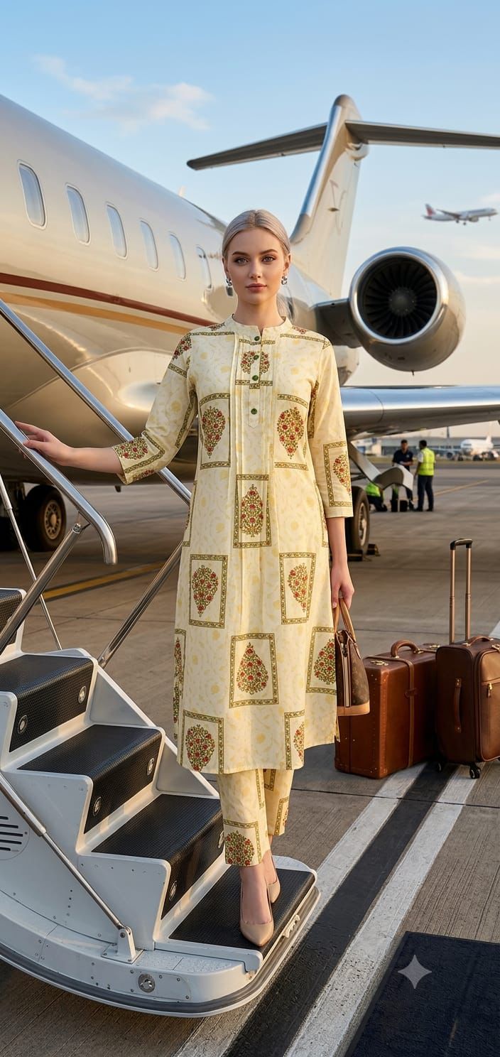 Cream Pop Printed Cotton Kurta Set