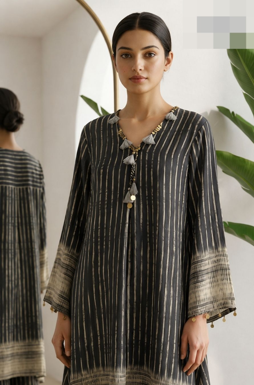 Charcoal Printed Muslin Silk Co-Ord Set
