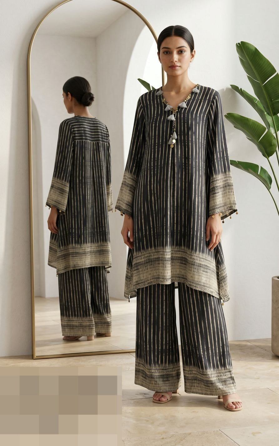 Charcoal Printed Muslin Silk Co-Ord Set