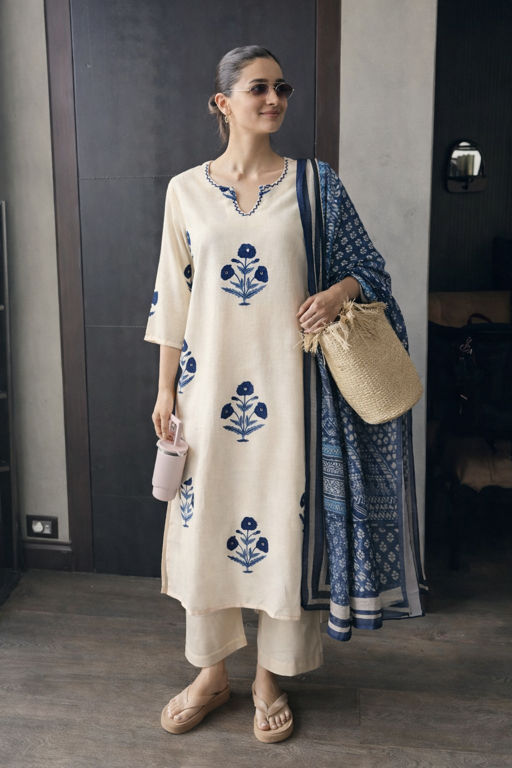 Blue Dabu Printed Linen Pant Set