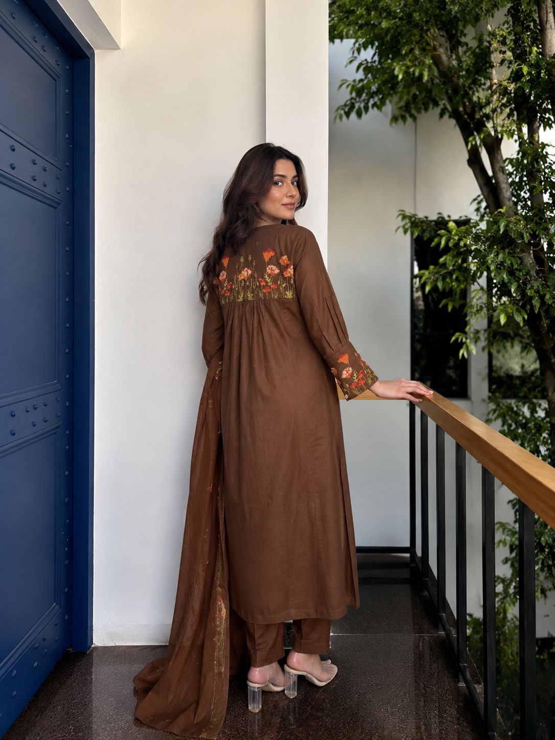 Coffee Blossom Embroidered Cotton Anarkali Set