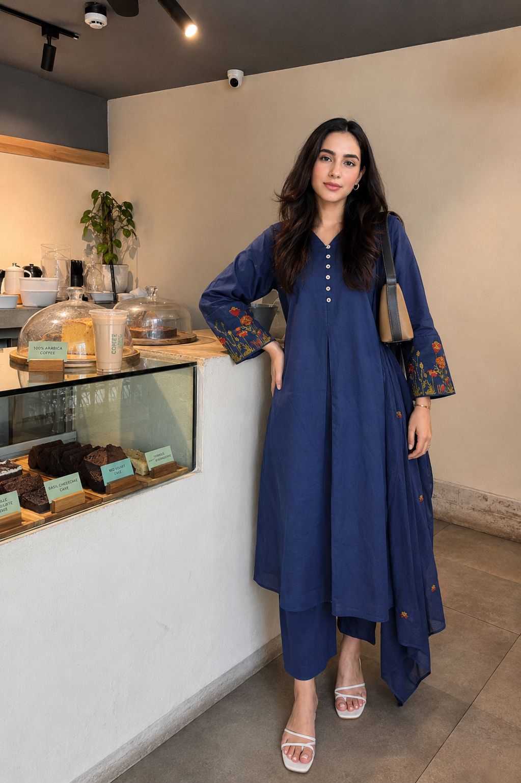 Navy Blossom Embroidered Cotton Anarkali Set