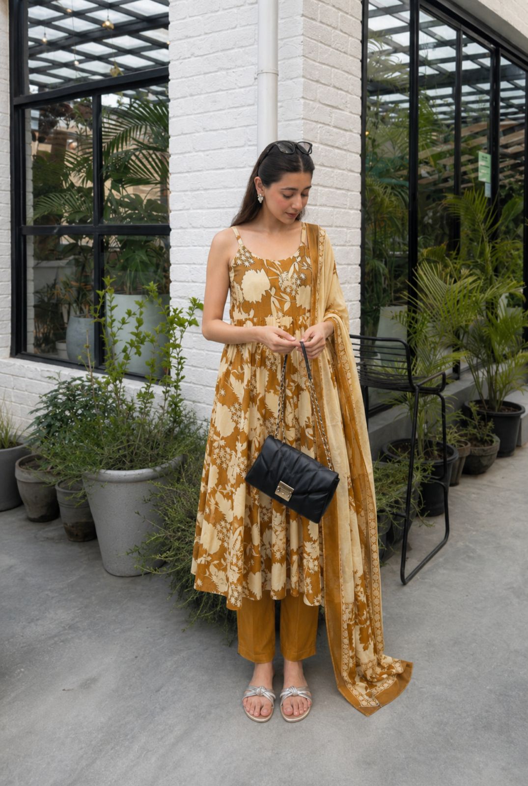 Mustard Botanical Printed Cotton Anarkali Set