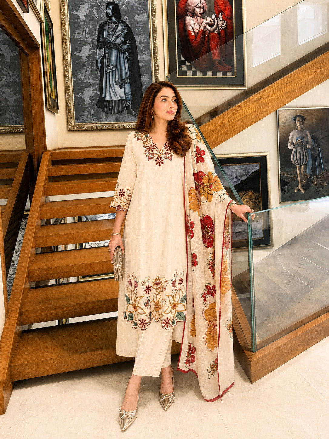 Gilded Floreat Embroidered Cotton Pant Set