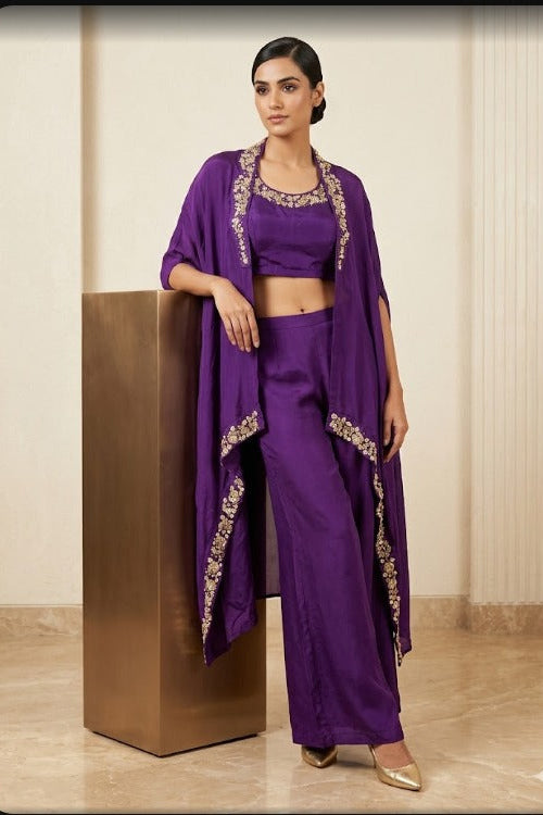 Royal Purple Embellished Chinon Silk Cape Set