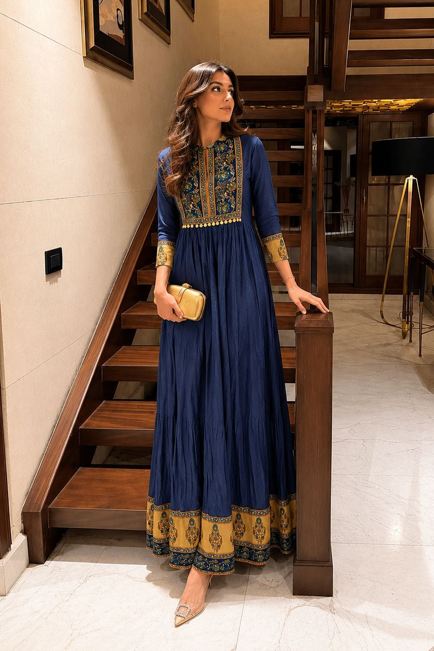 Dusty Blue Printed Mul Cotton Anarkali Gown