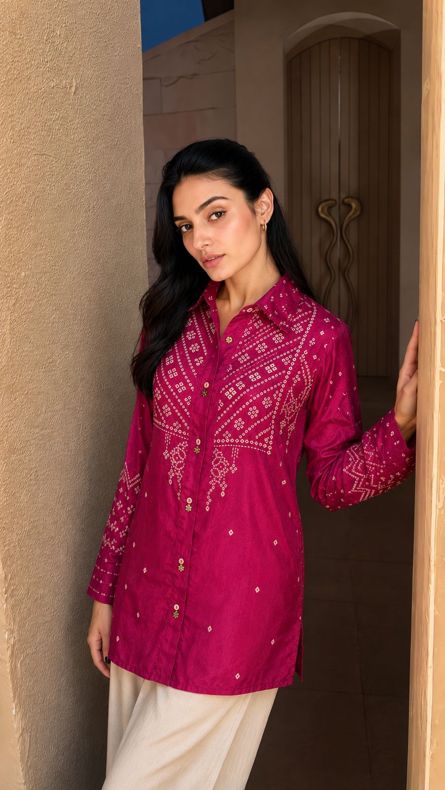 Magenta Bandhani Printed Crepe Silk Shirt