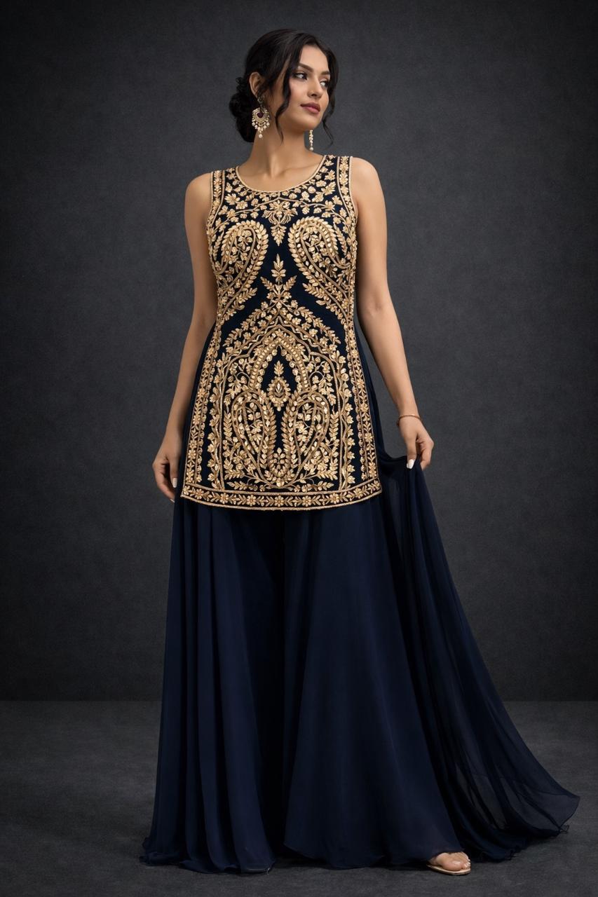 Midnight Navy Embellished Georgette Silk Palazzo Set