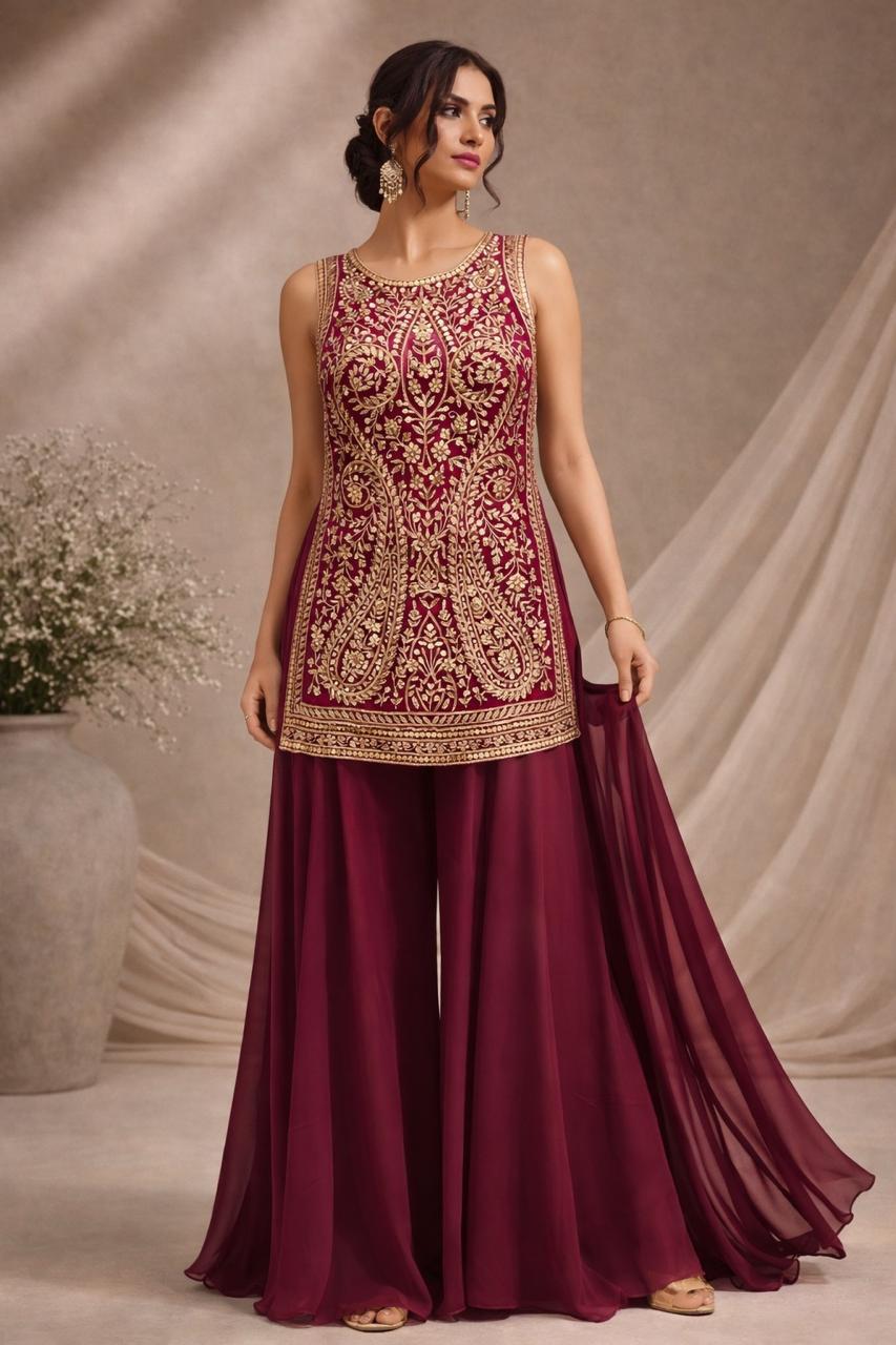 Magenta Pink Embellished Georgette Silk Palazzo Set