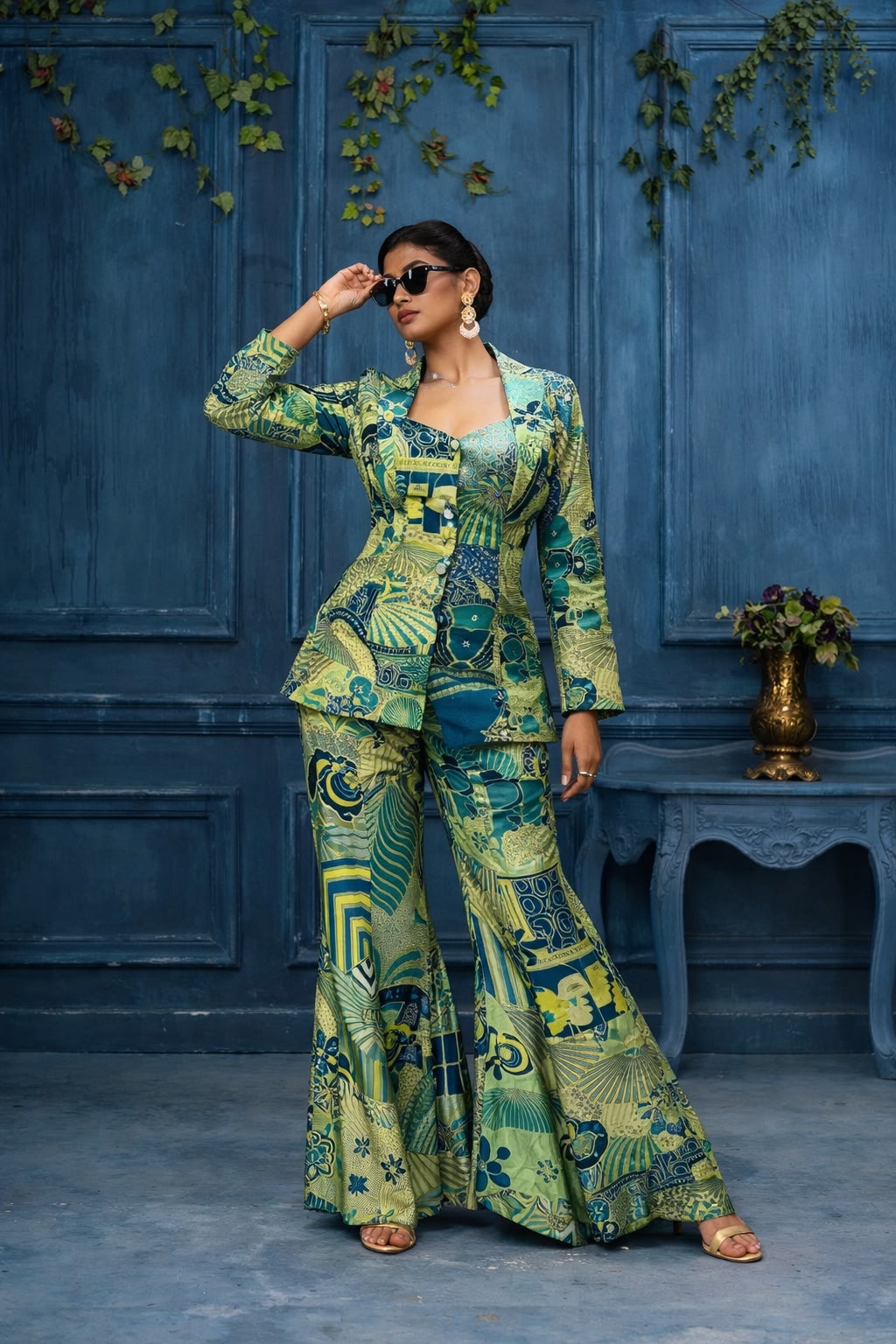 Azure Abstract Jacquard Silk Sharara Set