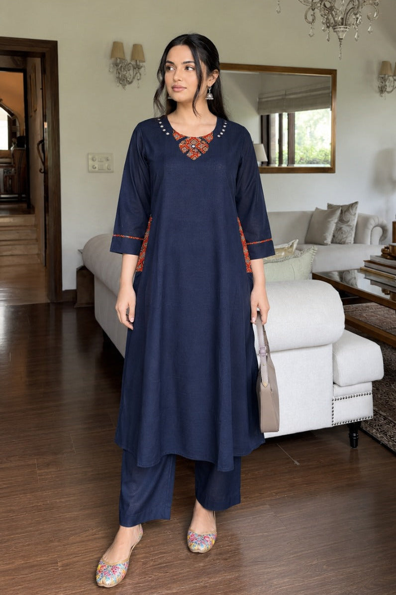 Navy Blue Embroidered Cotton Palazzo Set