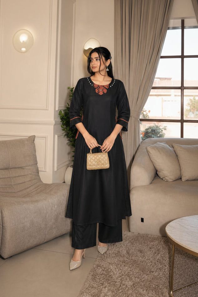 Black Embroidered Cotton Palazzo Set