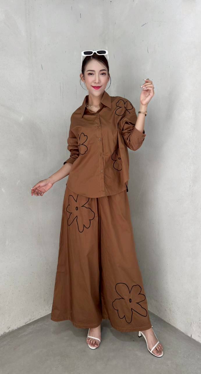 Camel Brown Embroidered Cotton Co-Ord Set