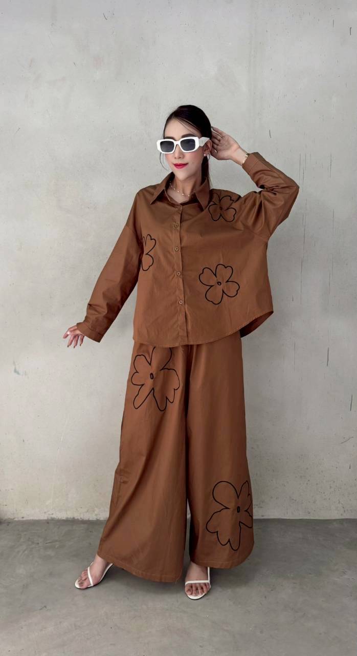 Camel Brown Embroidered Cotton Co-Ord Set