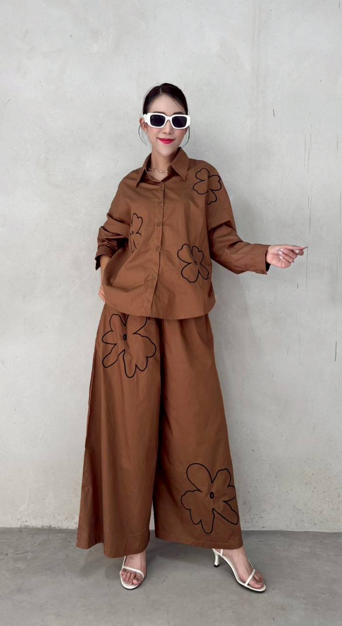 Camel Brown Embroidered Cotton Co-Ord Set