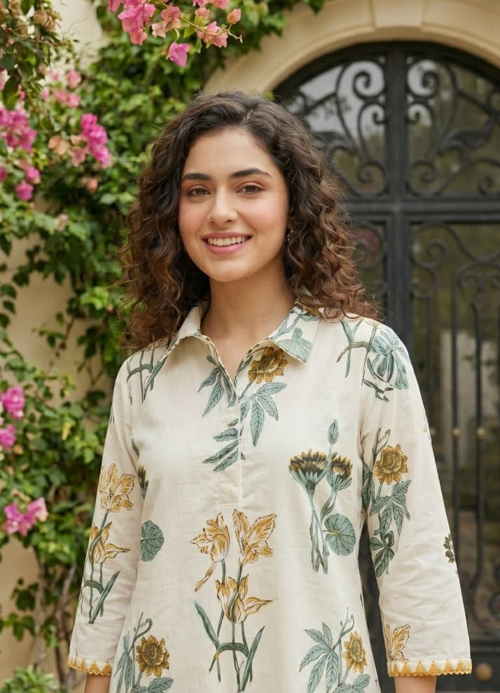 Ivory White and Yellow Printed Cotton Kurta Set