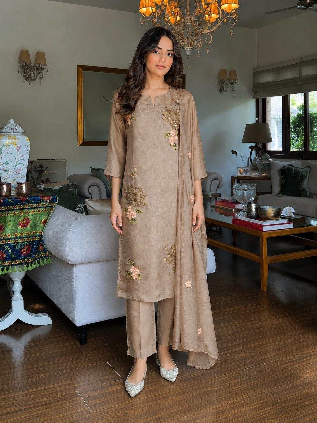 Taupe Blossom Embroidered Cotton Pant Set