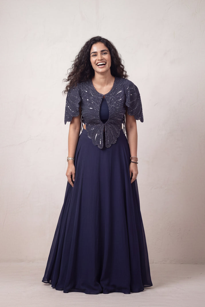 Midnight Blue Embellished Satin Silk Skirt Set