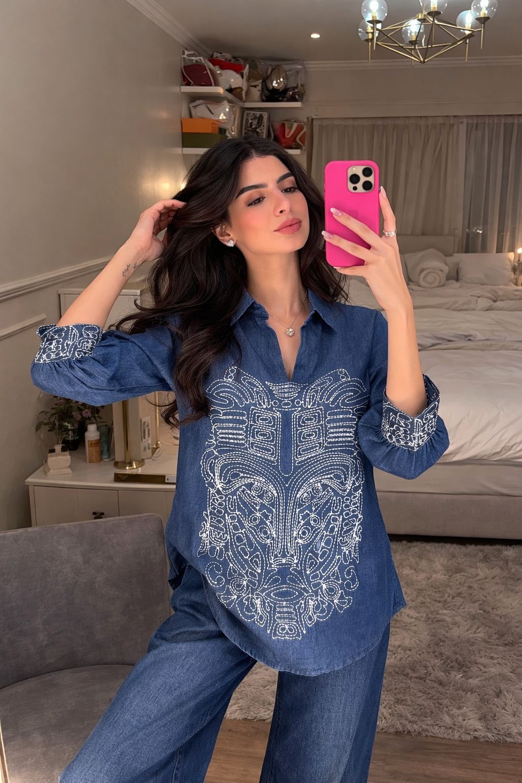 Indigo Chambray Embroidered Soft Denim Co-Ord Set