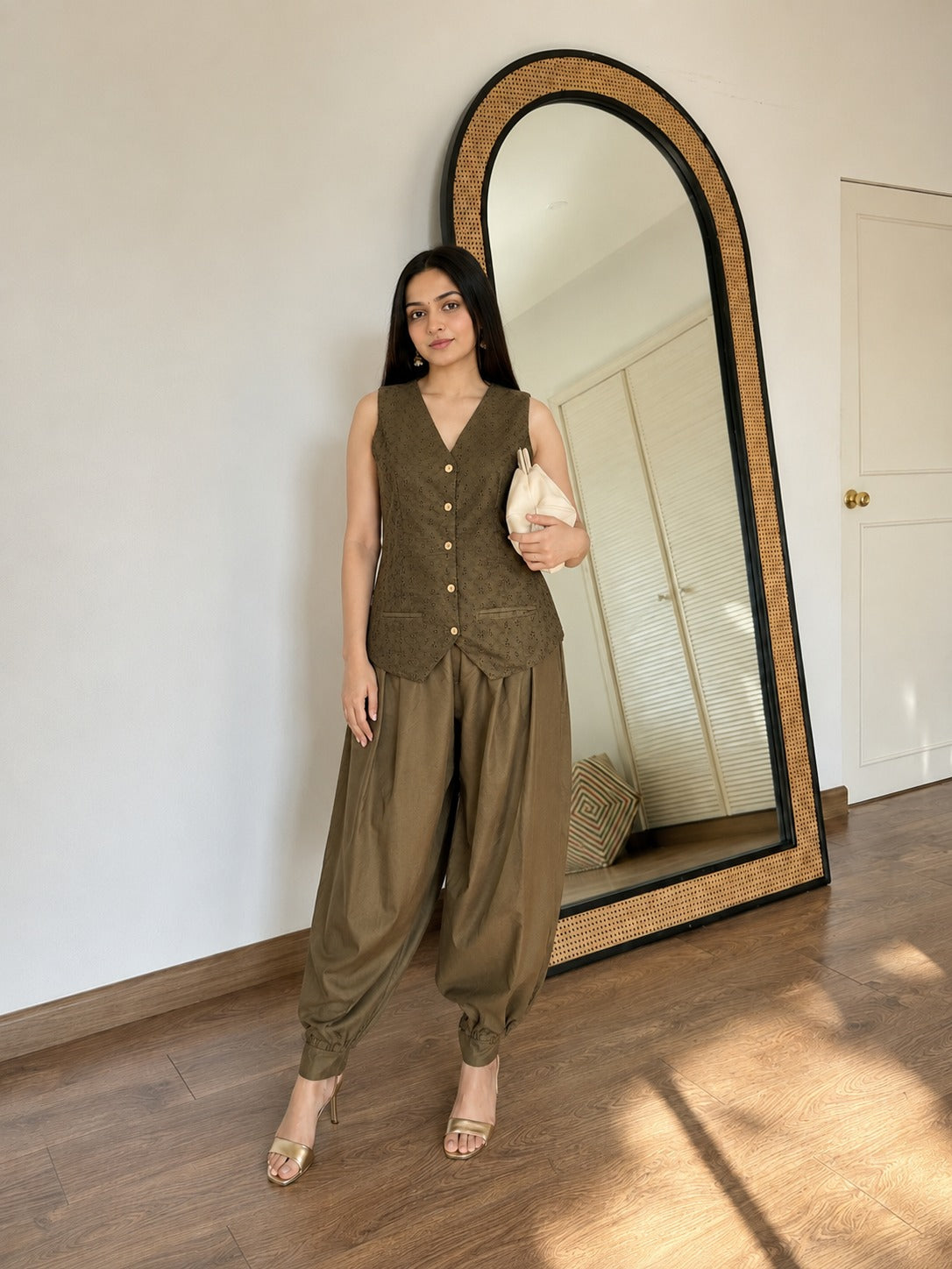 Olive Embroidered Cotton Co-Ord Set