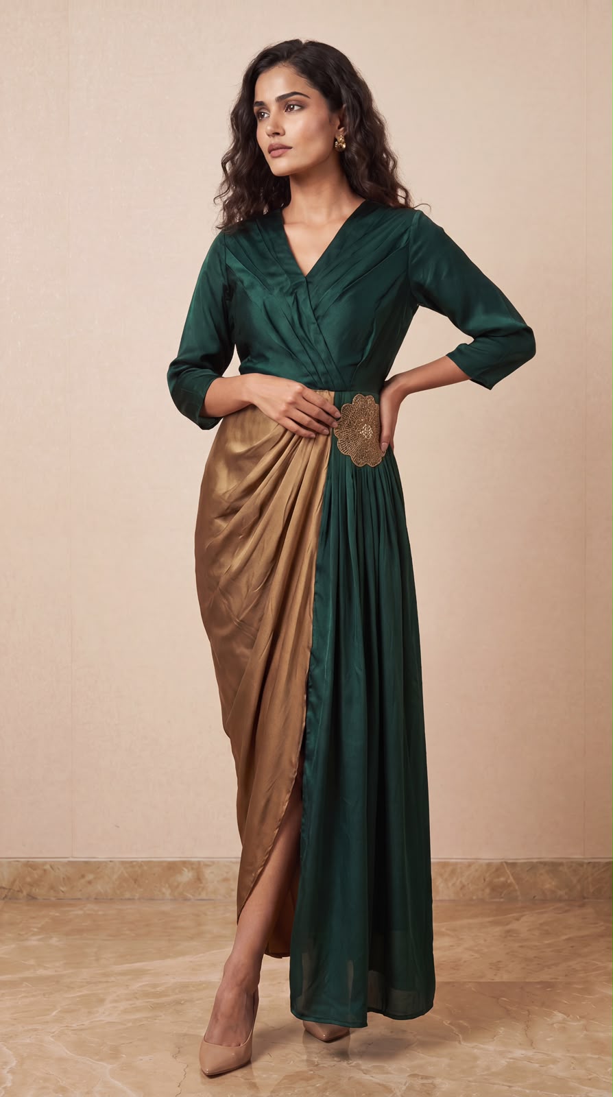 Emerald & Bronze Draped Satin Silk Dress