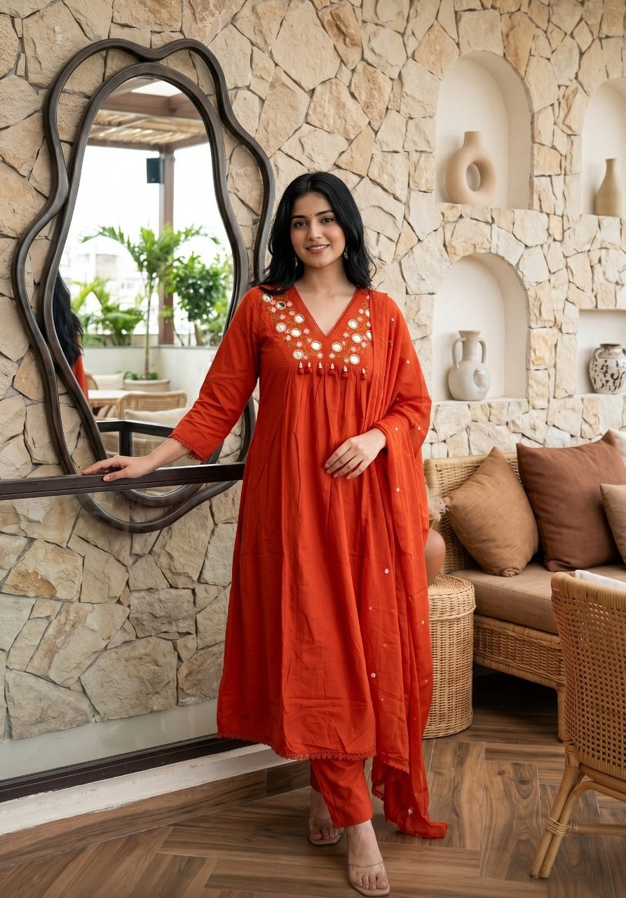 Terracotta Azure Paneled Premium cotton Pant Set