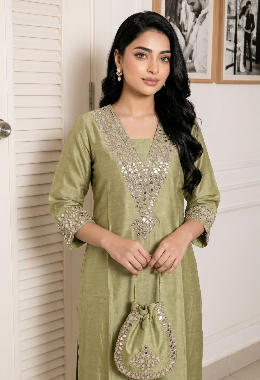 Sage Gilded Embellished Shimmer Tissue Silk