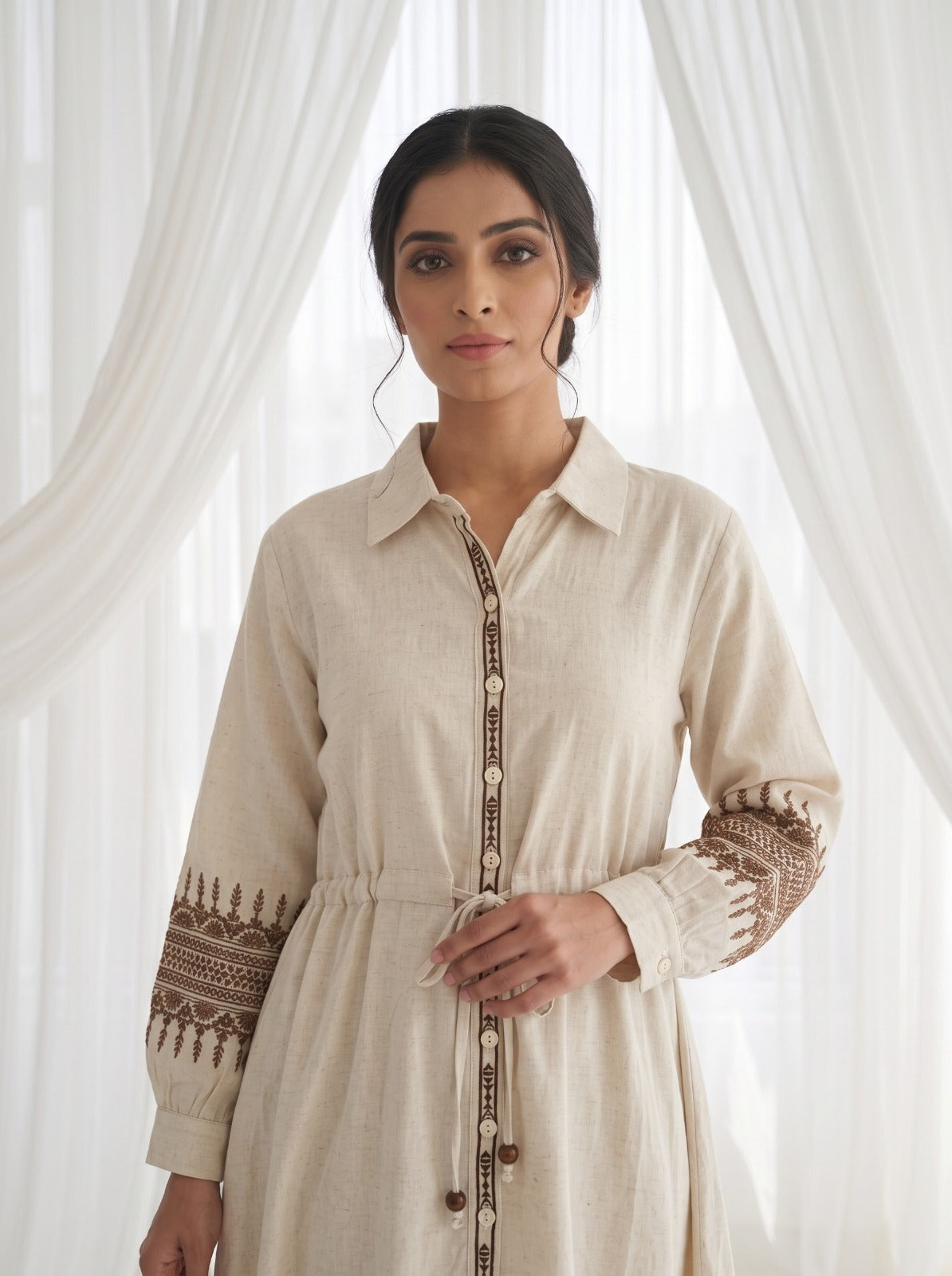 Ecru Charm Embroidered Cotton-Linen Dress
