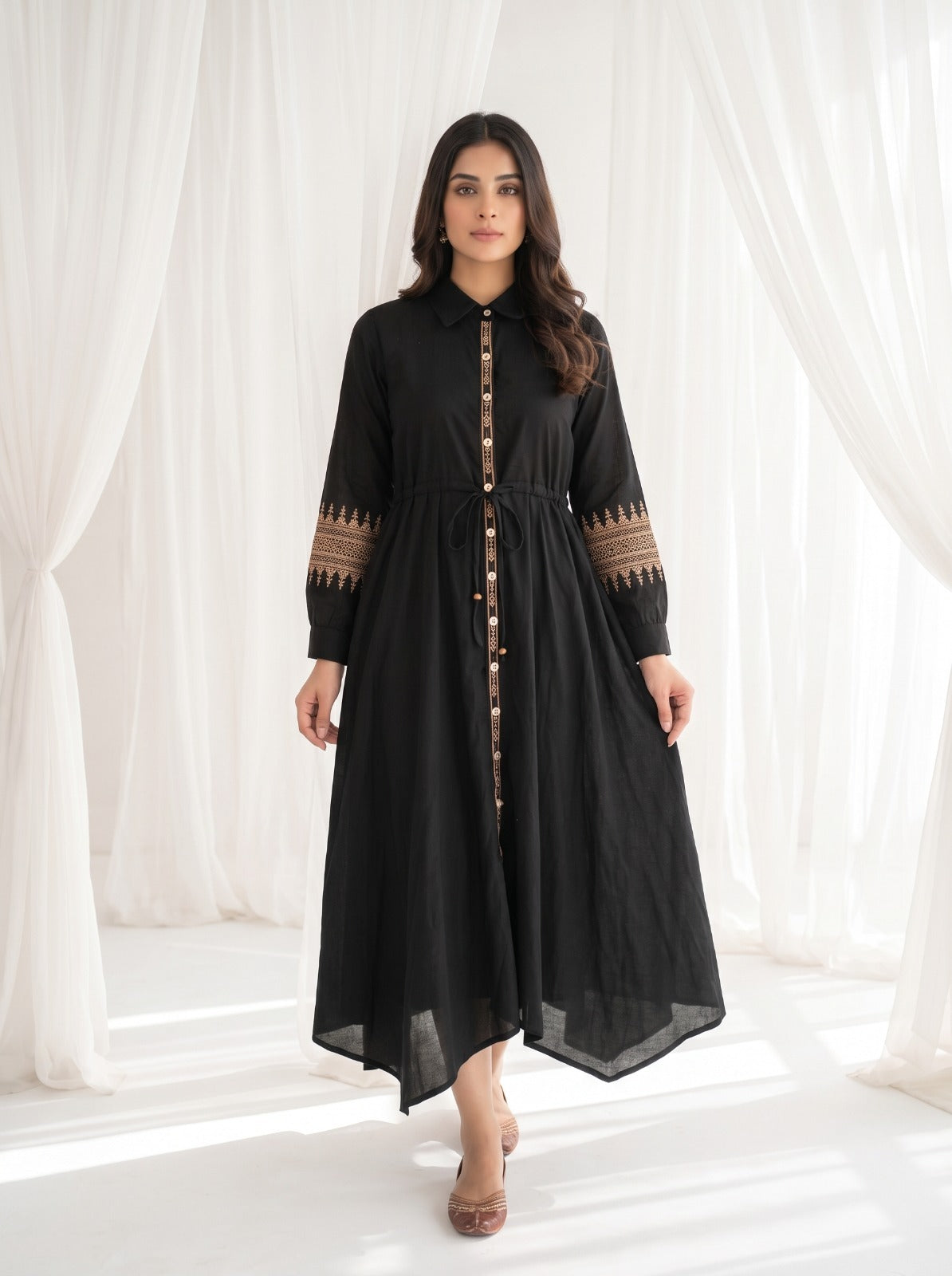 Onyx Charm Embroidered Cotton-Linen Dress
