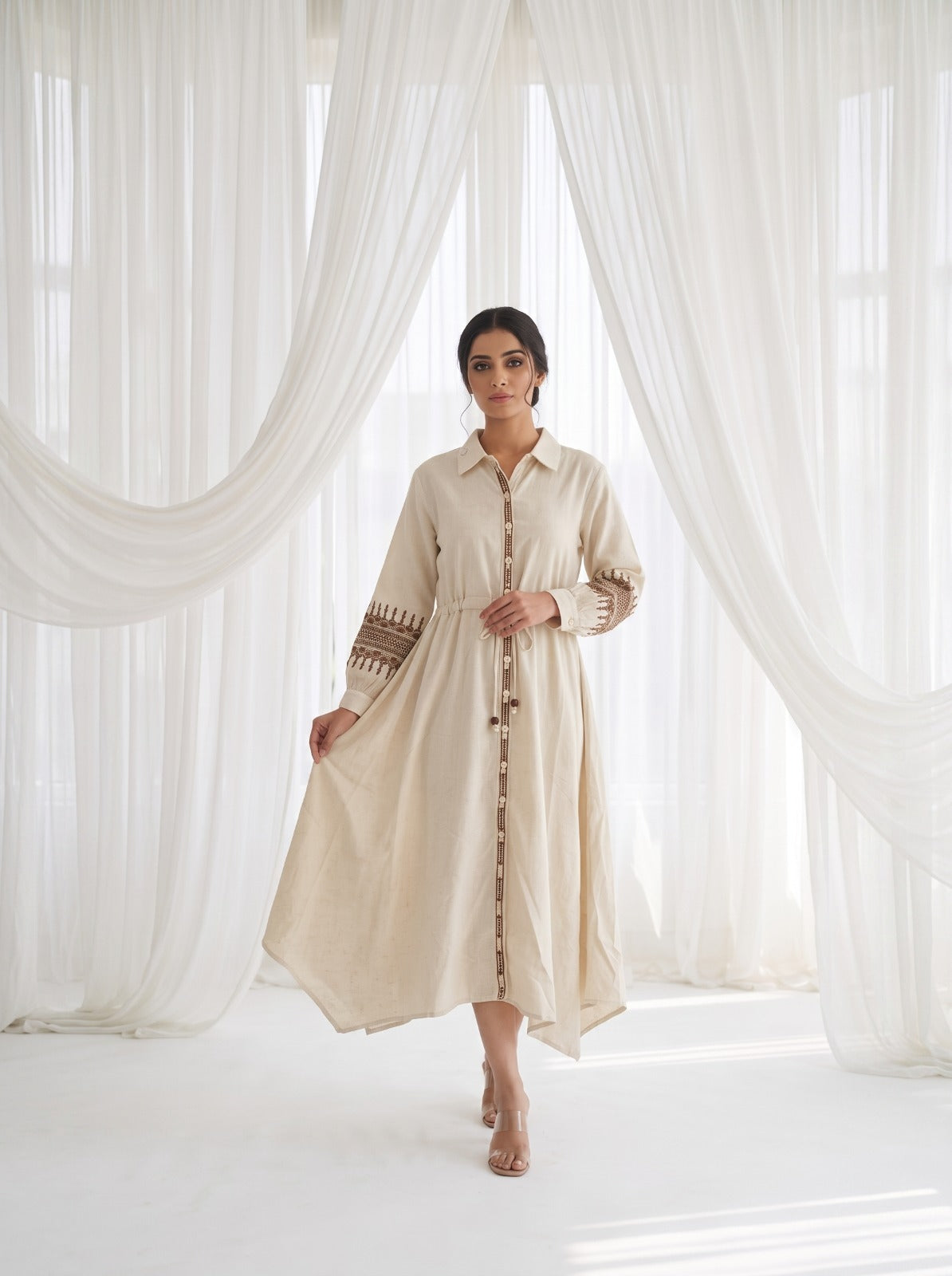 Ecru Charm Embroidered Cotton-Linen Dress