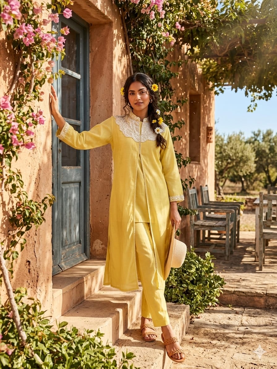 Citron Gardenia Embroidered Muslin Co-Ord Set